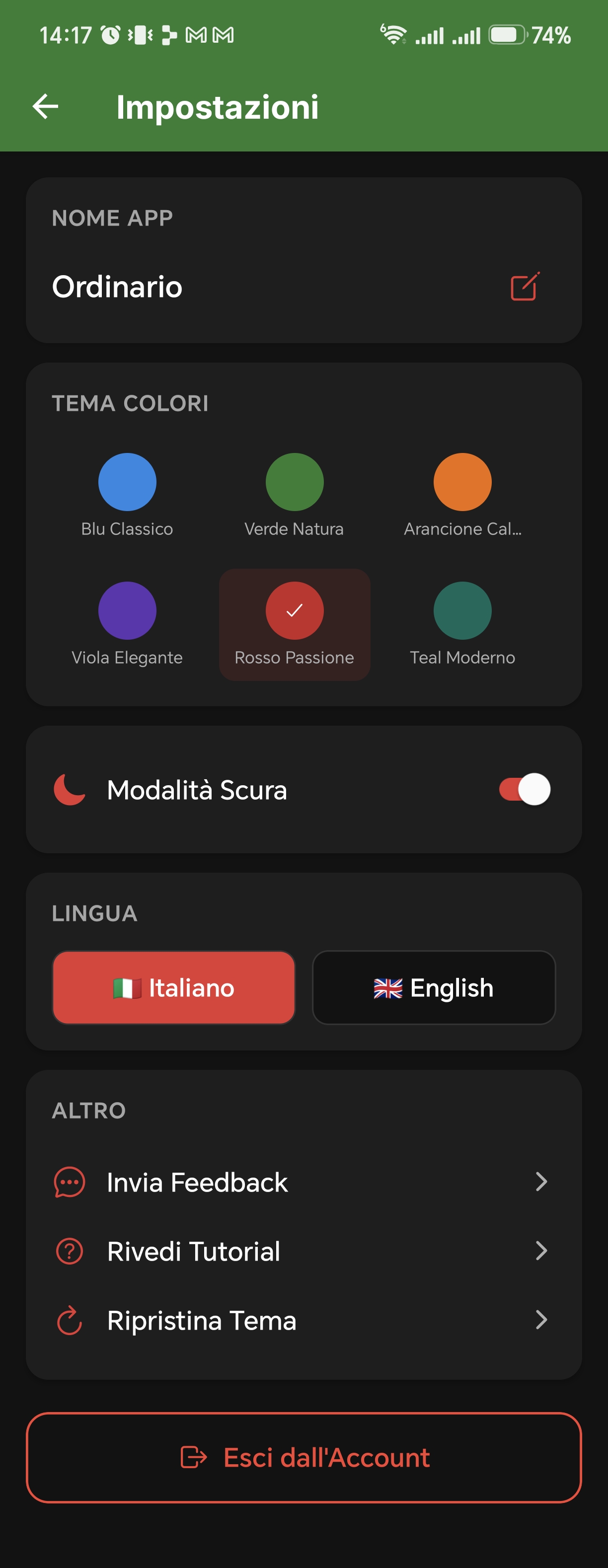 Schermata Impostazioni di Ordinario con nome app, temi colore, modalità scura e lingua